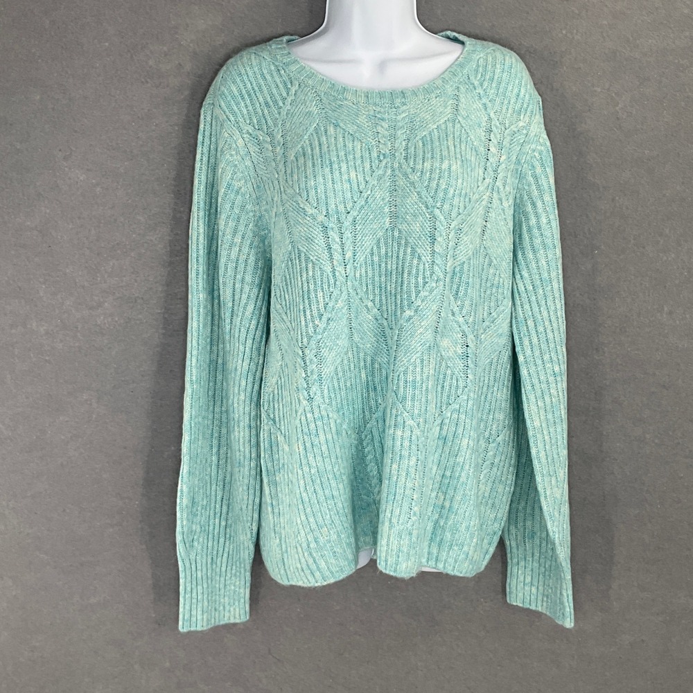 Talbots Sweater Women's Sz L Blue Cable Knit Diamond Pattern‎ Wool Crew Neck